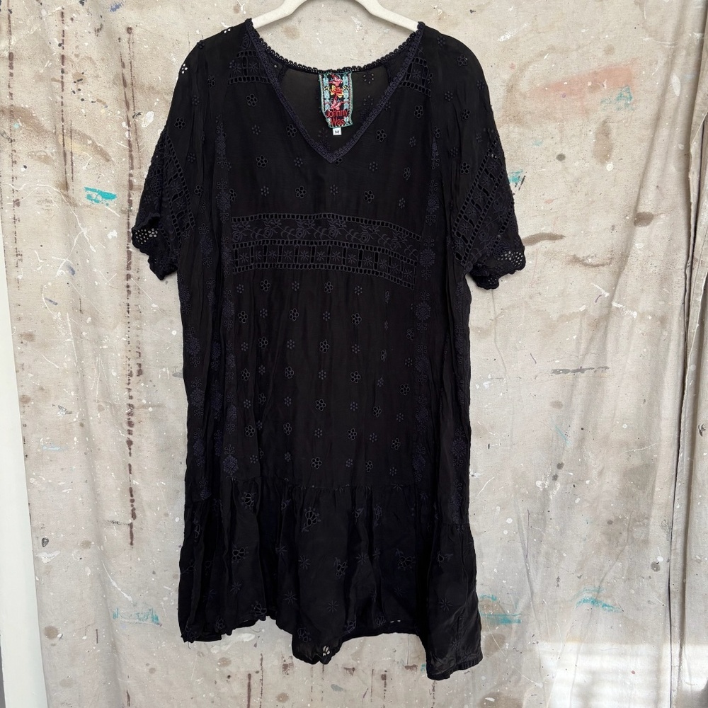 Johnny Was Black Eyelet Peasant Mini Dress